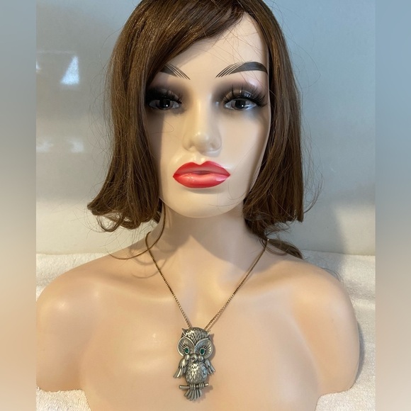 Vintage Pewter JJ Owl Brooch Pin Green Eye Rhinestones - Picture 11 of 13